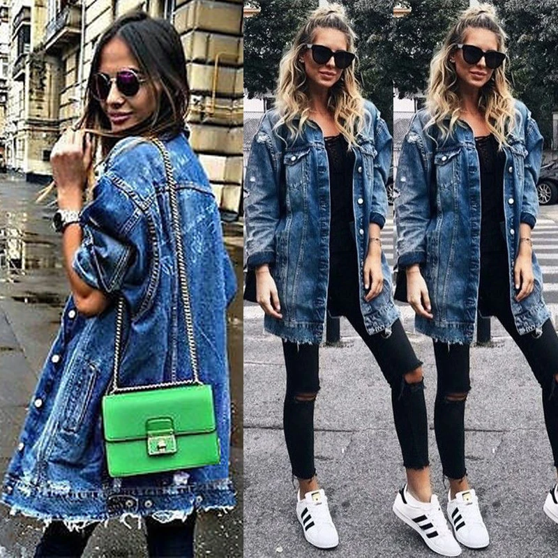 Women's Basic Coat Holes Baggy Denim Jacket Long Sleeve Loose Street Style Outwear Winter NEW