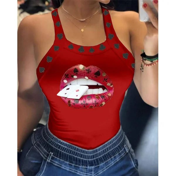 Summer Ladies Harajuku Shirts Slim Fit Polyester Sleeveless Top Tshirts Tank Tops Women U Neck Letter Print Lips Vest D6H284RD