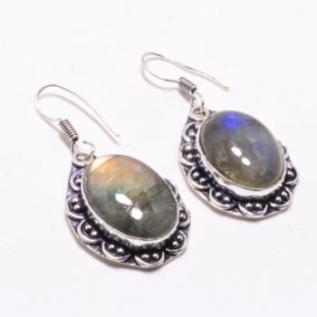 

Labradorite Silver Overlay on Copper Earrings, 43 mm , E4446