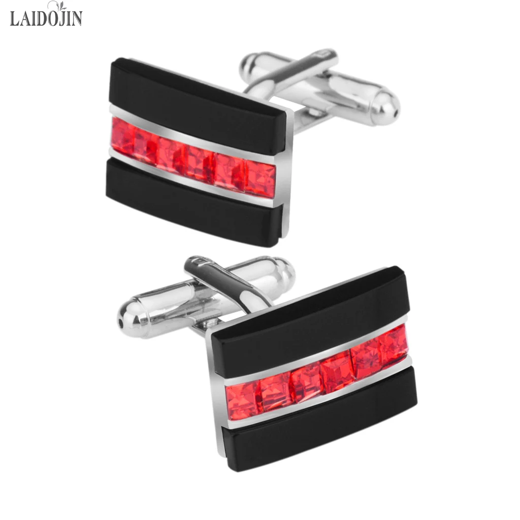 

LAIDOJIN Luxury Black Onyx Red Crystals Shirt Cufflinks for Mens Gift Brand Cuff buttons High Quality Cuff links Free engraving