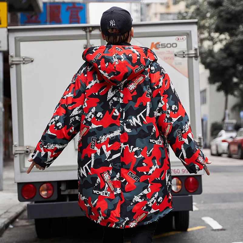 Новинка, Зимняя Теплая мужская камуфляжная куртка с капюшоном, модная камуфляжная куртка в стиле хип-хоп, толстая камуфляжная куртка, верхняя одежда, красная Мужская ветровка