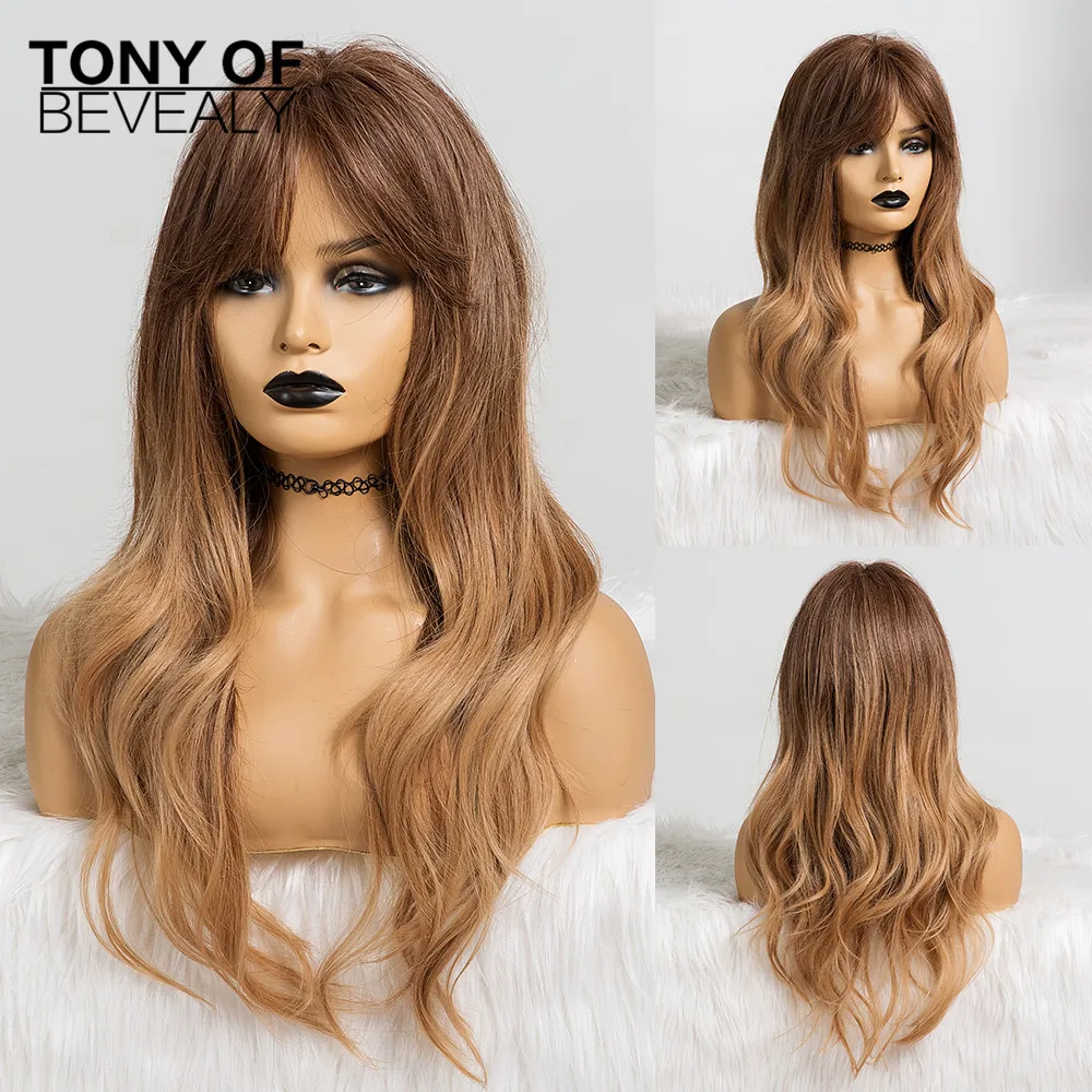 Long Wavy Heat Resistant Synthetic Hair Wigs With Bangs Red Ombre Hair For Women African American Cosplay Natural Hair Wigs - Цвет: lc218-1