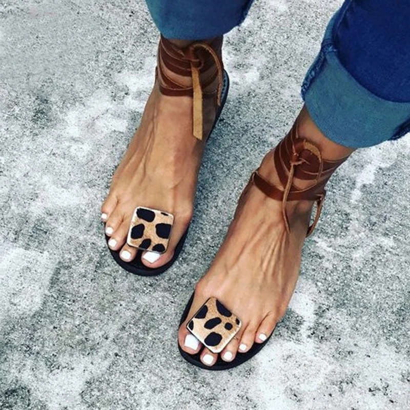 

NAN JIU MOUNTAIN 2020 Summer Strap Sandals Women's Flats Open Toe Leopard Casual Shoes Rome Plus Size 35-43