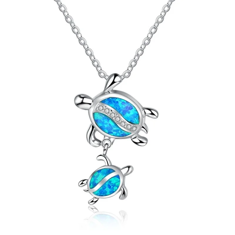 

Cute Sea Turtle Mom & Sea Turtle Baby Blue Fire Opal Pendant Necklace For Women Accessories Romantic Jewelry Girl/Boy Gift