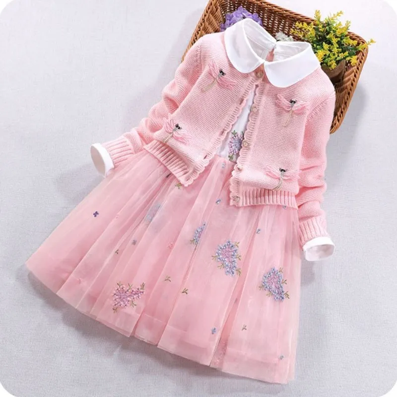 Spring/Autumn Children girl's sets Princess skirt cotton three-piece suit children's sets cardigan sweater - Цвет: Pink