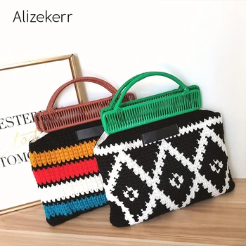 

Color Striped Wool Knitting Handbag For Women 2020 New Winter Retro Handmade Woven Top Handle Tote Bag Female Plaid Soft Purses