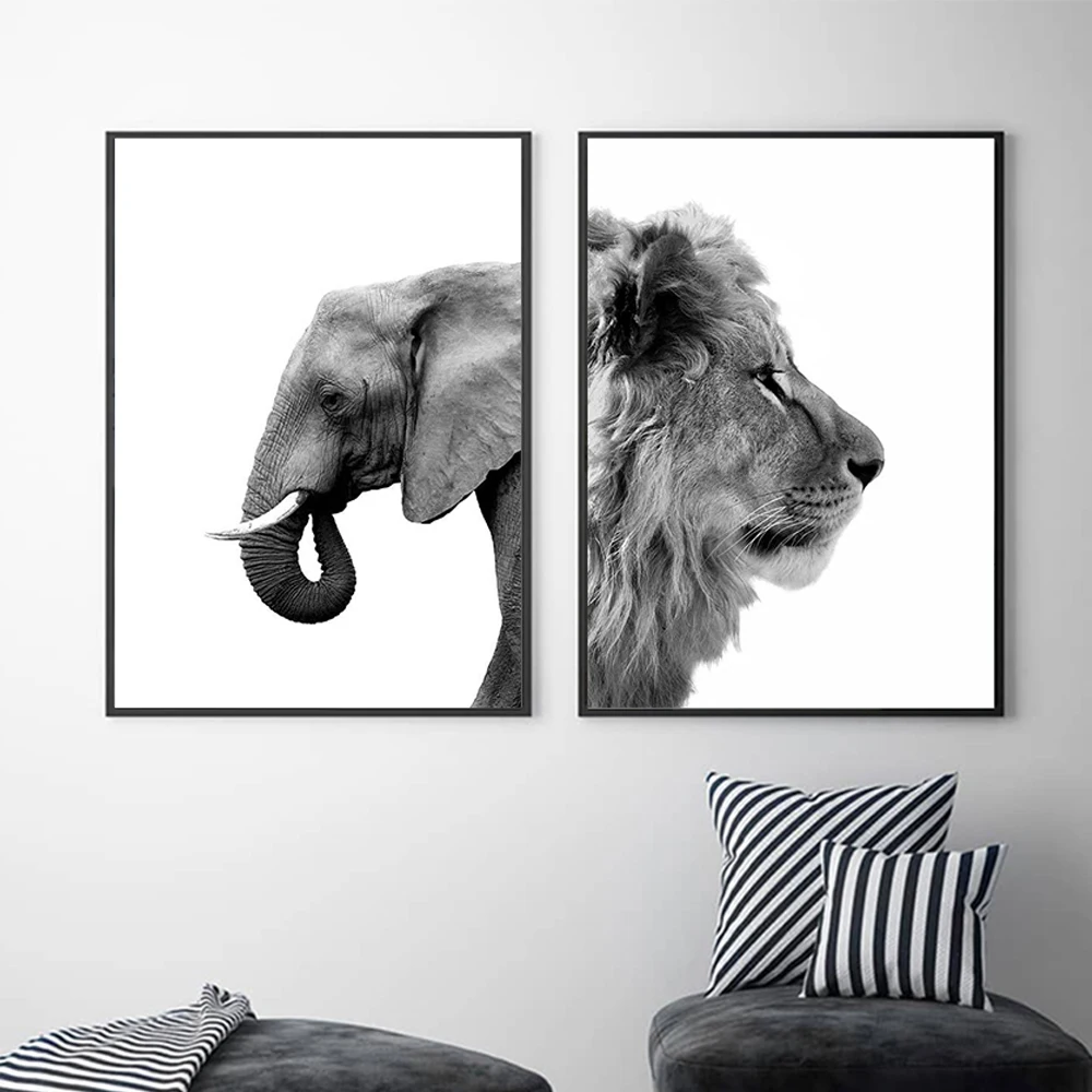 

Animal Poster Black White Decor Picture Elephant Lion Side Art Print Children Room Kindergarten Canvas Painting Wall Art Kids