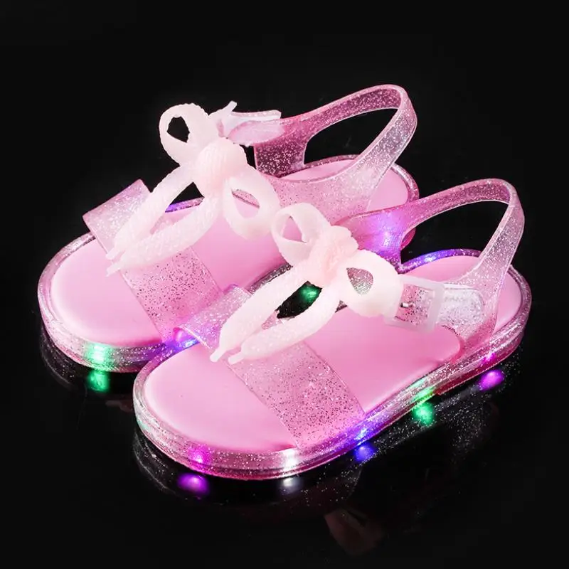 

2020 Luminous Sandals Bow Little Girl Mini Melissa Jelly Shoes Velcro Sandles Kids Toddler Princess Flashing Led Light Shoes