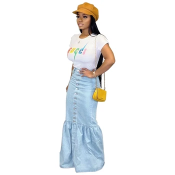 

OMILKA Mermaid Denim Skirt 2020 Autumn Women High Waist Front Button Pocket Denim Blue Club Party Plus Size Long Jeans Skirt