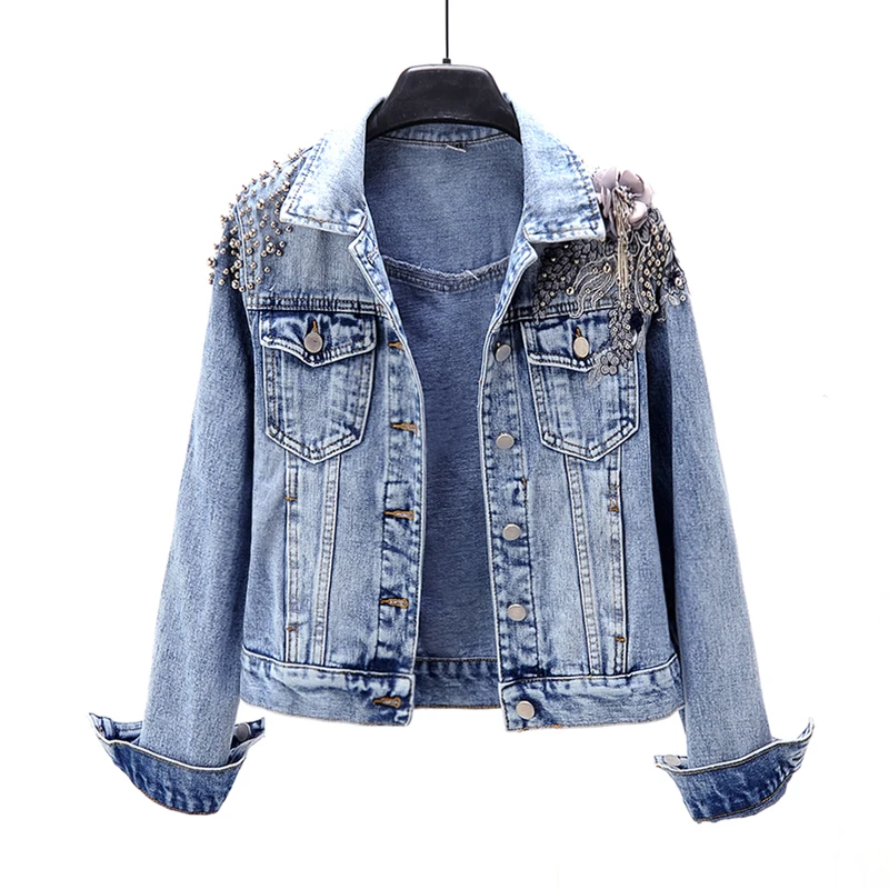 2021 Spring Autumn Beading Flowers Denim Jacket Women Short Jeans Female Casual 3XL Vintage Outerwear Chaqueta Mujer | Женская одежда