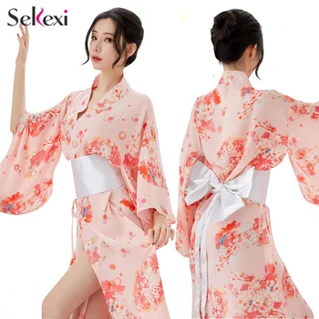 

Women Japanese Sakura Printed Kimono Suit Sexy Chiffon Nightgown Set Ladies Lingerie Erotic Sleepwear Babydoll Sexy Underwear