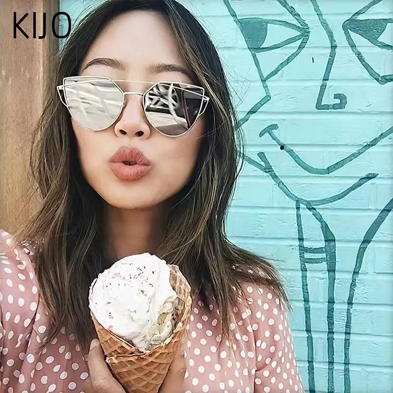 KIJO Солнцезащитные очки женские роскошные кошачий глаз фирменный дизайн зеркальные плоские розовые золотые винтажные кошачьи Модные солнцезащитные очки женские очки