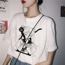 Ulzzang Сейлор Мун Забавный принт футболка кофта с капюшоном мультфильм Кот аниме женские милые женские повседневные Kawaii модные футболки топы