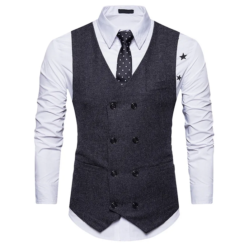 Мужской брендовый двубортный модный приталенный шерстяной Тканевый Свадебный жилет английский жилет для делового костюма Gilet Homme - Цвет: Черный