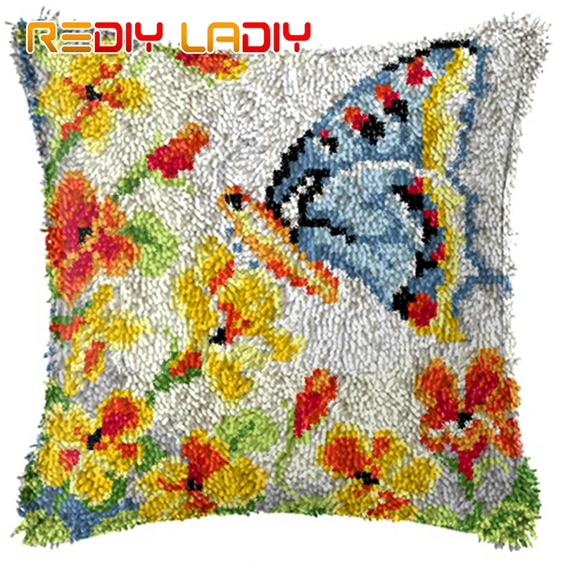 Latch Hook Cushion Kits Butterflies Floral Pillow Case Crochet Hobby
