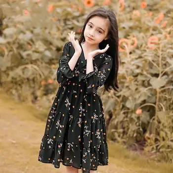 

Bohemian Chiffon Dress For Girls Autumn Spring Floral Print Mid Length Gowns 5-14y Kids Girls Loose Hem Holiday Beach Dresses