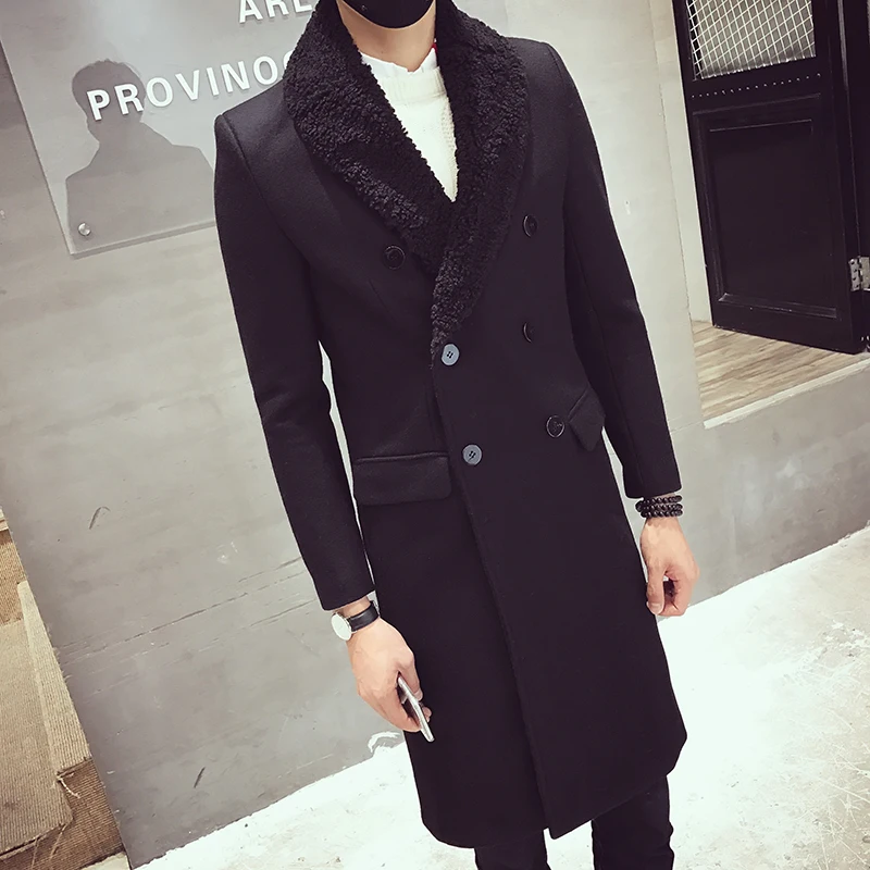 Тренч, мужское зимнее модное длинное пальто с меховым воротником, модное двубортное зимнее пальто с карманами для мужчин, XL, 3XL - Цвет: Черный
