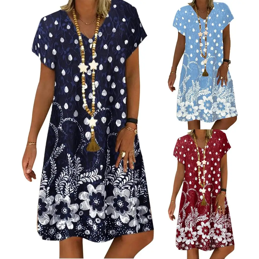 S-4XL Stylish Women V Neck Short Sleeve Floral Waterdrop Print Loose Knee-length Dress Plus Size Vacation Beach Lady | Женская одежда
