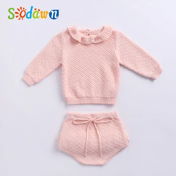 

Sodawn Baby Clothing Sets Autumn Pink Knitted Suits Sweaters Girls Sets Ruffle Long Sleeve Sweaters + PP Short 2pcs