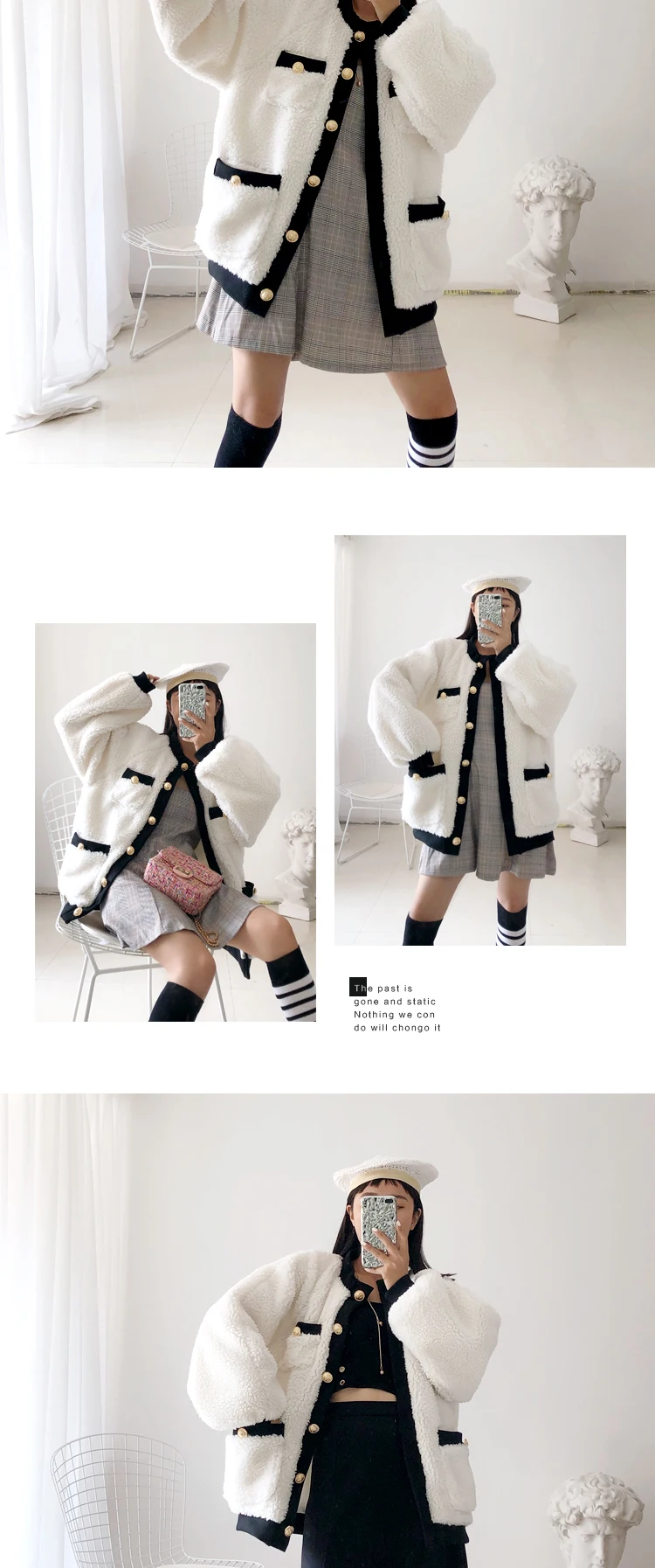 new autumn winter women single breasted loose faux fur coatsgolden buttons o-neck lamb wool jackets w1991