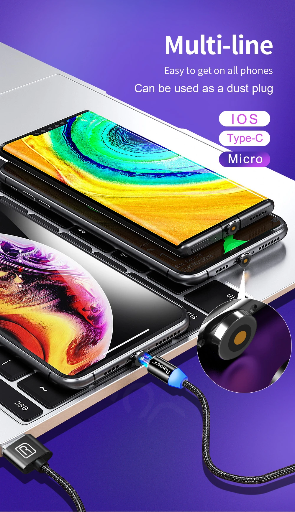 Магнитный кабель type C usb зарядный кабель Micro USB зарядное устройство для samsung Xiaomi iphone кабели для мобильных телефонов USB-C Магнитный шнур 1 м 2 м