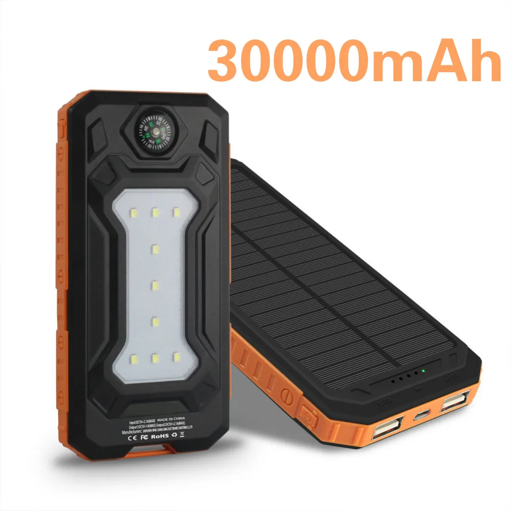 Solar Power Bank 30000mAh Portable Waterproof Battery Outdoor Powerbank Fast Charging External LED for All Smart Phone | Мобильные