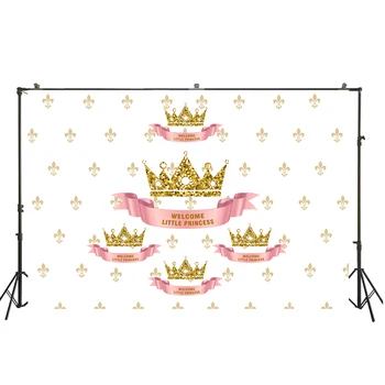 

HUAYI white screen with golden crown backdrop welcome little Princess themed party decoration baby showe background W-896
