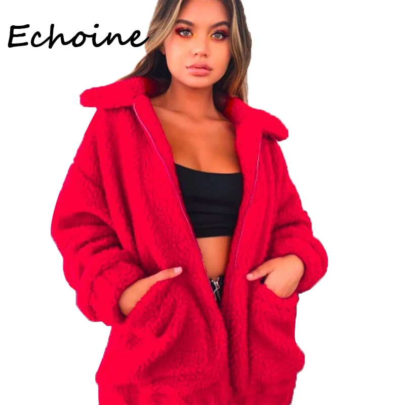 

Echoine Loose Fashion Coat Female Zipper Pocket Long Sleeve Turn Down Collar Outerwear Women Autumn And Winter 2019 Coats