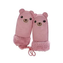 Детские зимние теплые перчатки с рисунком медведя из мультфильма для мальчиков и девочек, варежки с подкладкой из искусственного меха, детские перчатки