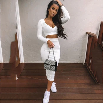 

NewAsia Sexy Two Piece Set V-neck Long Sleeve Crop Top Long Skirt Set Party Clothing Sets Outfit Women Two Piece Outfits 2020