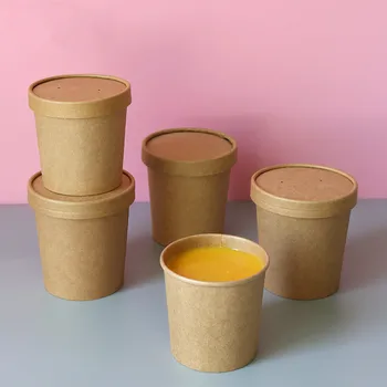 

50pcs High quality kraft paper disposable ice cream soup dessert salad paper cup food snack takeaway packaging cups with lid