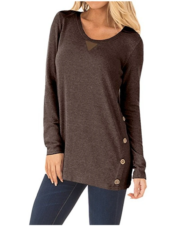Women Autumn Sexy Button patch Casual t shirt Ladies spring Loose black Blue tee shirt fashion Long sleeve T-shirts vintage tops