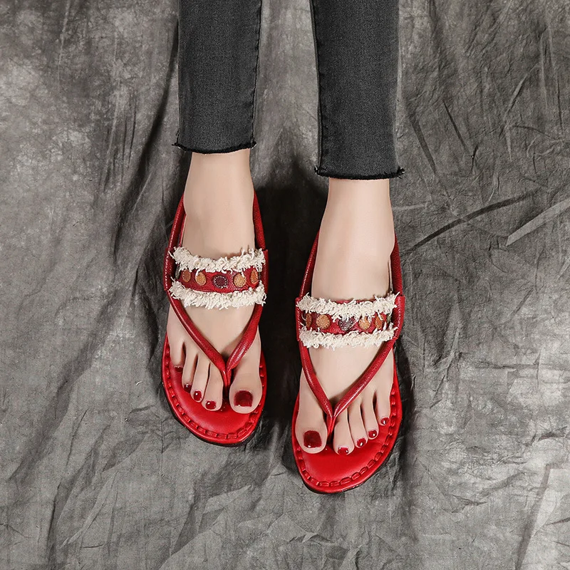 

[] 2019 Summer New Style Herringbone Sandals Women's Hollow out Genuine Leather Retro Soft Bottom Sandals Women's Outer Wear Mom