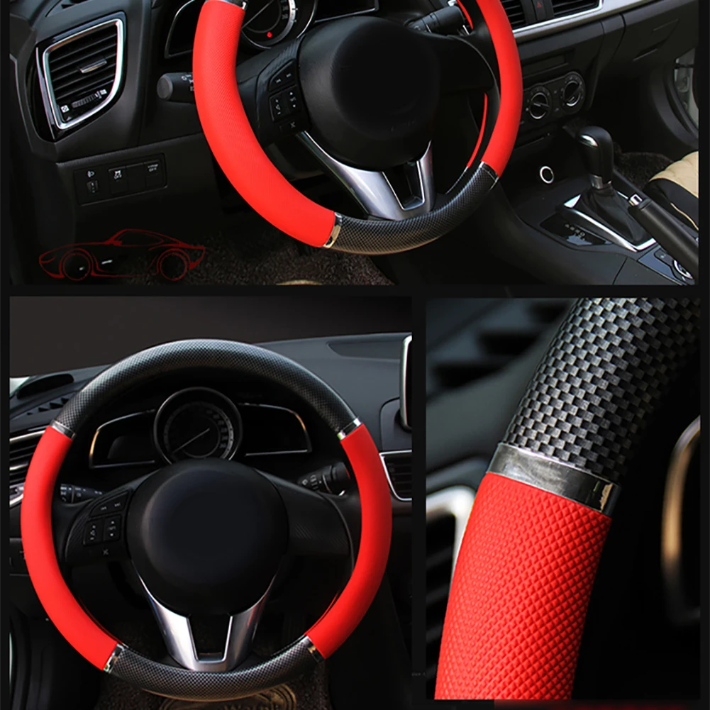 Carbon Red Искусственная кожа без запаха древесины зерна модные аксессуары Нескользящая крышка рулевого колеса мягкий драйвер Универсальный защитный авто - Название цвета: Carbon Red