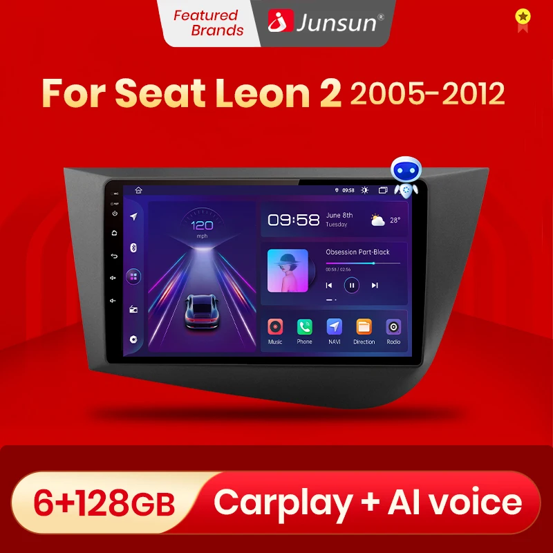 Автомобильный радиоприемник Junsun V1pro с голосовым ИИ на Android для Seat Leon 2 2005-2012 Carplay 4G