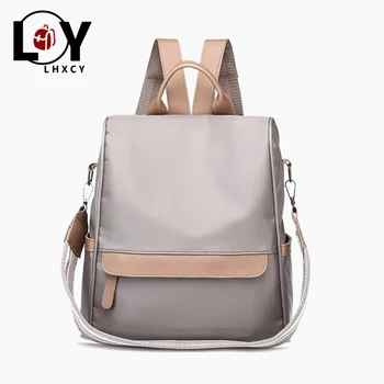 

High Quality Nylon Cloth Splice Anti-theft Women Backpacks High Capacity Soft Splice Shoulder Bag Leisure Leather Belt Backpacks