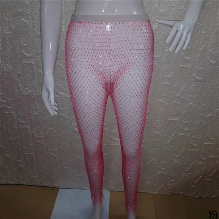 Ажурные блестящие стразы, прозрачные Лоскутные Длинные штаны, Летние черные белые сексуальные женские облегающие Клубные вечерние Брюки - Color: Pink