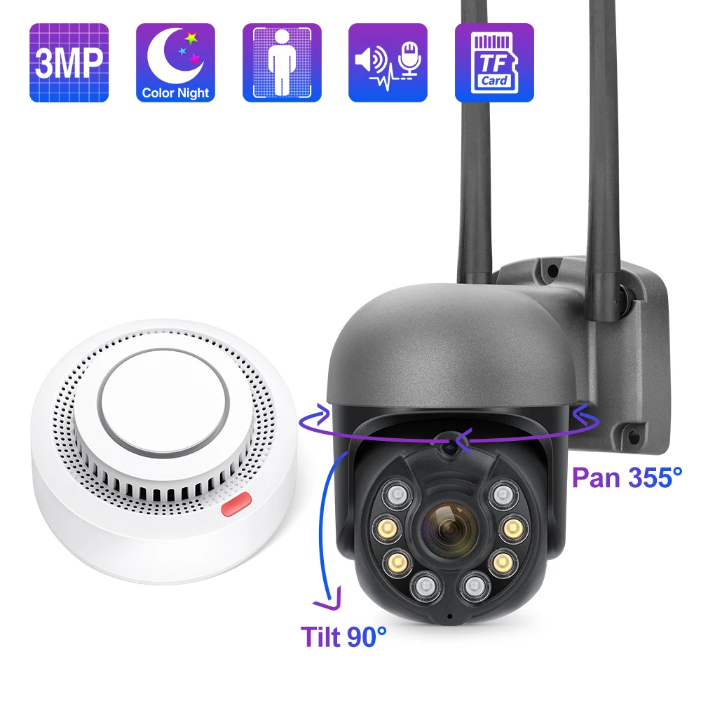 Techage 3mp Wireless Ptz Ip Camera Video Surveillance Audio Record Camera  Tuya Wifi Smoke Detector Home Security Fire Alarm - Ip Camera - AliExpress