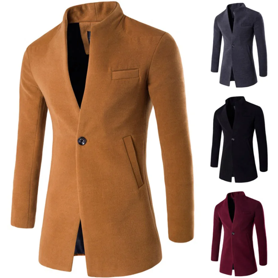 

ZOGAA 2019 Wool Coat Men Winter Long Coat Slim Cardigan Windbreaker One Button Mandarin Collar Casual Woolen Men Overcoat