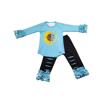 

summer boutique hot sale sunflower design ruffle sky blue girl's outfits