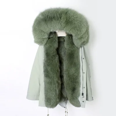 light green-4 Зима, женская натуральная подкладка из натурального Лисьего меха, Воротник из натурального Лисьего меха, парка с капюшоном, пальто, водонепроницаемая ткань, парка, куртка - Цвет: light green-4