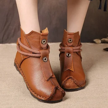

Genuine Leather High Quality Ankle Retro 2019 Fashion Women's Boots New Short Boot Winter Solid Color Flats Ladies Shoes
