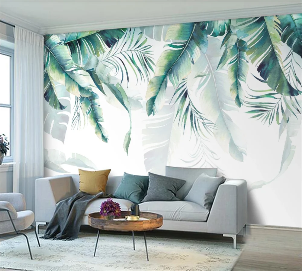 

Custom 3D wallpaper mural Nordic simple hand-painted banana leaf TV background wallpaper