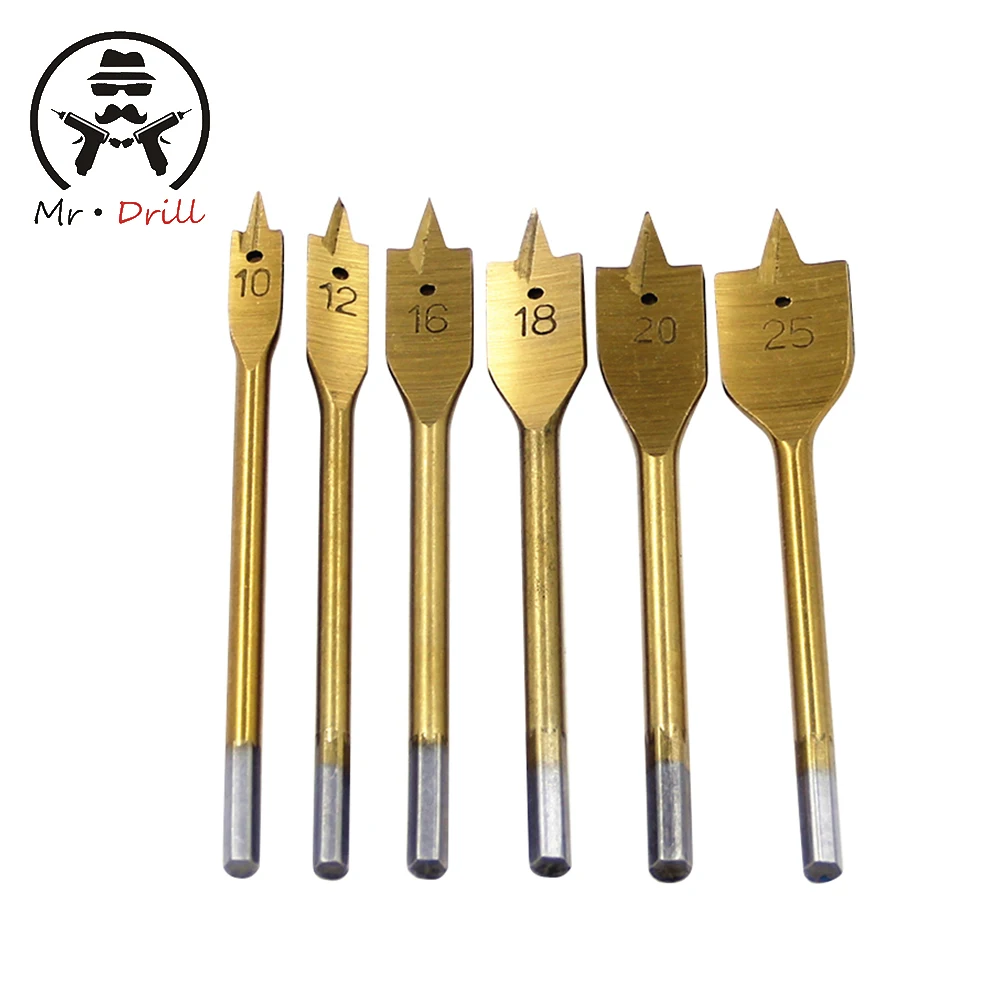 

6pcs/set 10mm-25mm Titanium Flat Drill Long High-carbon Steel Wood Flat Drill Set Woodworking Spade Drill Bits