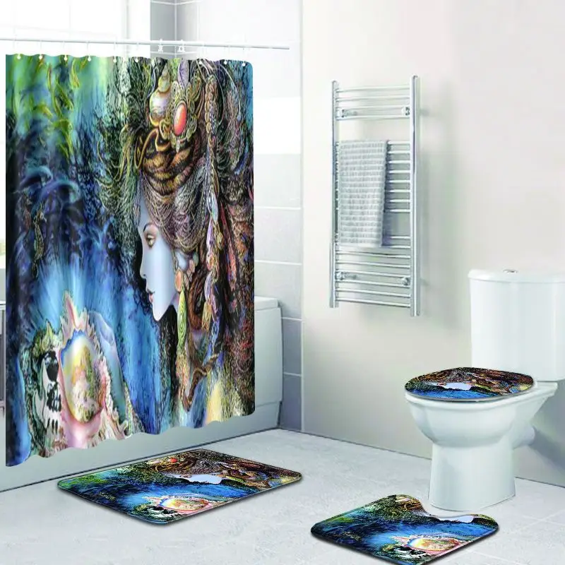 

4pcs/set Creative Art Painting Colorful Print Waterproof Shower Curtain Modern Polyester Fabric Bath Curtain Toilet Seat Cover