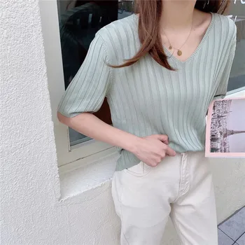 

Fashion Ladies summer thin V-neck knitted casual short-sleeved T-shirt