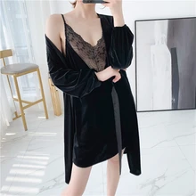 Домашняя одежда, костюм, ночная рубашка на бретельках, женский сексуальный очаровательный кружевной удобный халатик с длинными рукавами, мягкая черная Пижама, халат