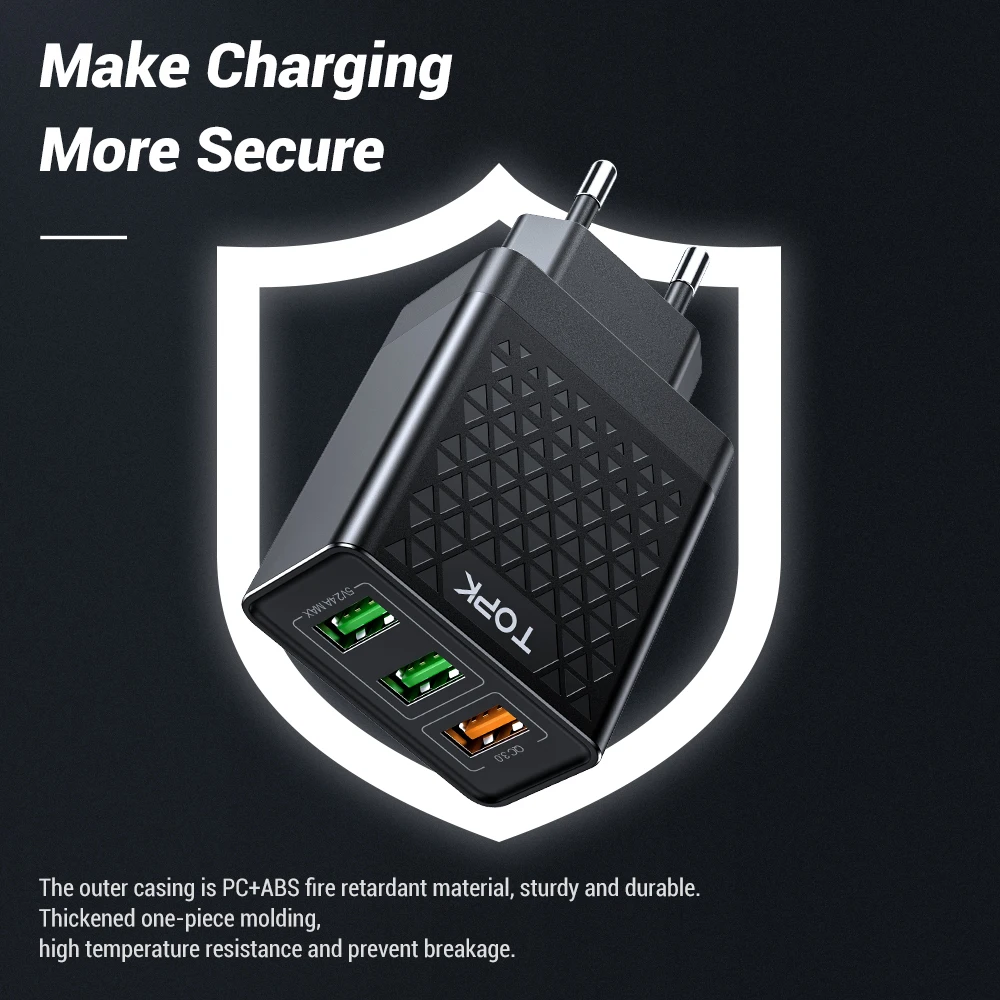 Быстрое зарядное устройство TOPK B354Q с 3 портами USB 30 Вт многофункциональное для iPhone