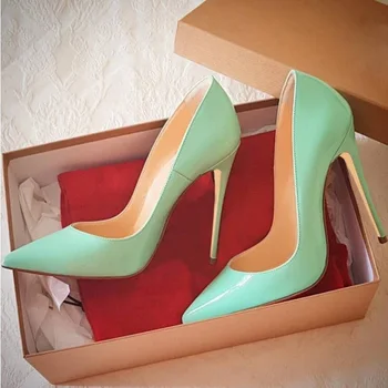 

Light Green Patent Leather High Heel Pumps Pointed Toe 8 10 12cm Stiletto Heels Dress Shoes Size 45 Wedding Heels Pumps