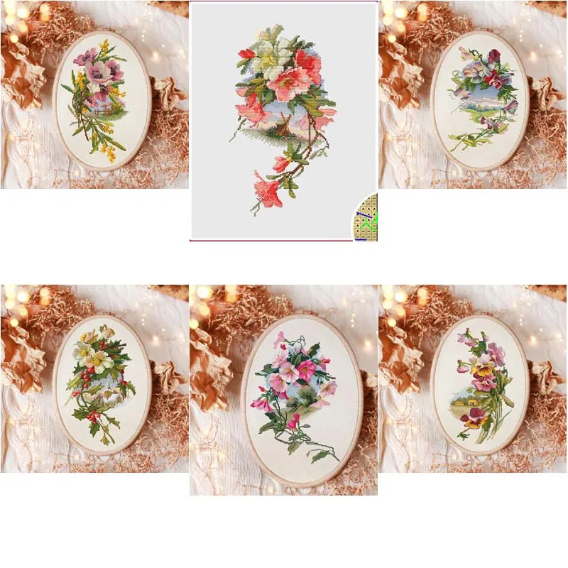 Cross Stitch Kit Oval landscape-anemone landscape 24-36 Cross Stitch Set DIY Kit Embroidery Needlework Craft Packages Cotton Fabric Floss